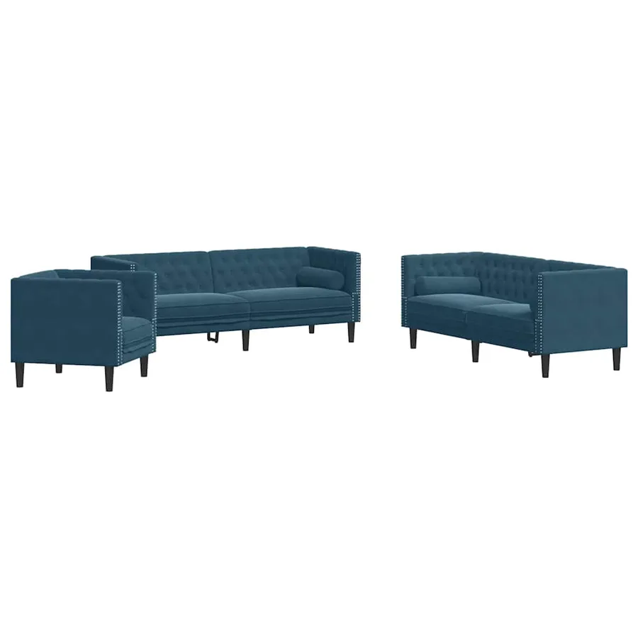 Ensemble de canapé Chesterfield et traversins 3pcs bleu velours - 2