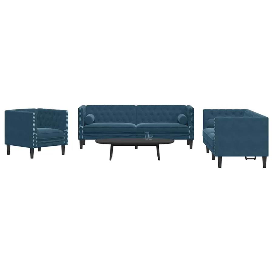 Ensemble de canapé Chesterfield et traversins 3pcs bleu velours - 3