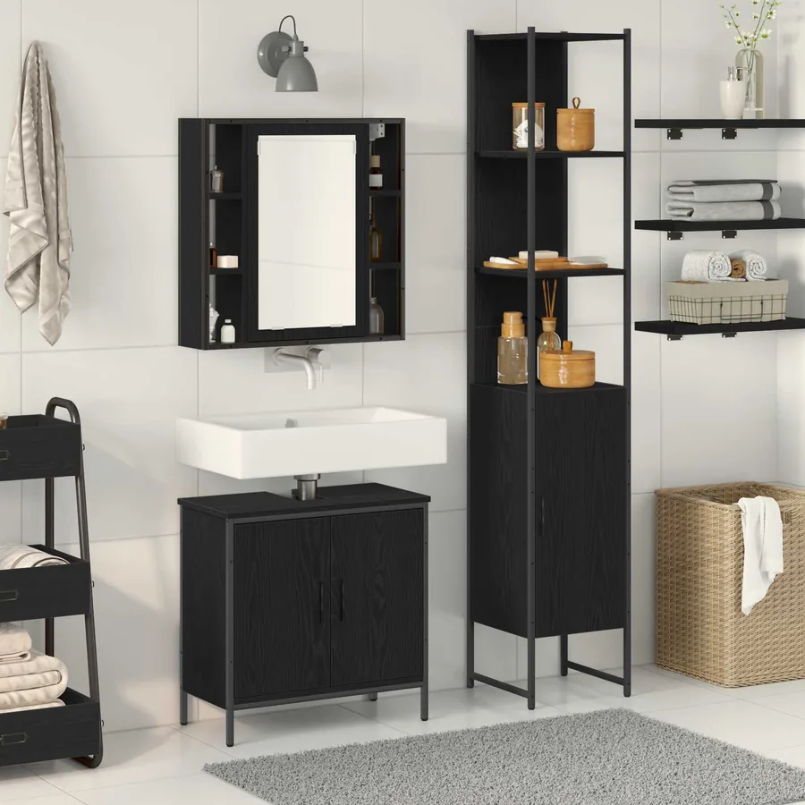 Meubles de salle de bain 3 pcs Noir Bois d'ingénierie