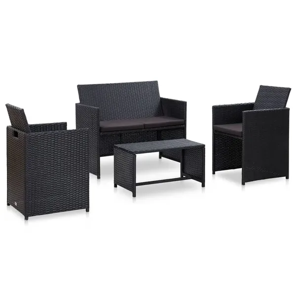 Salon de jardin 4 pcs avec coussins Résine tressée Noir