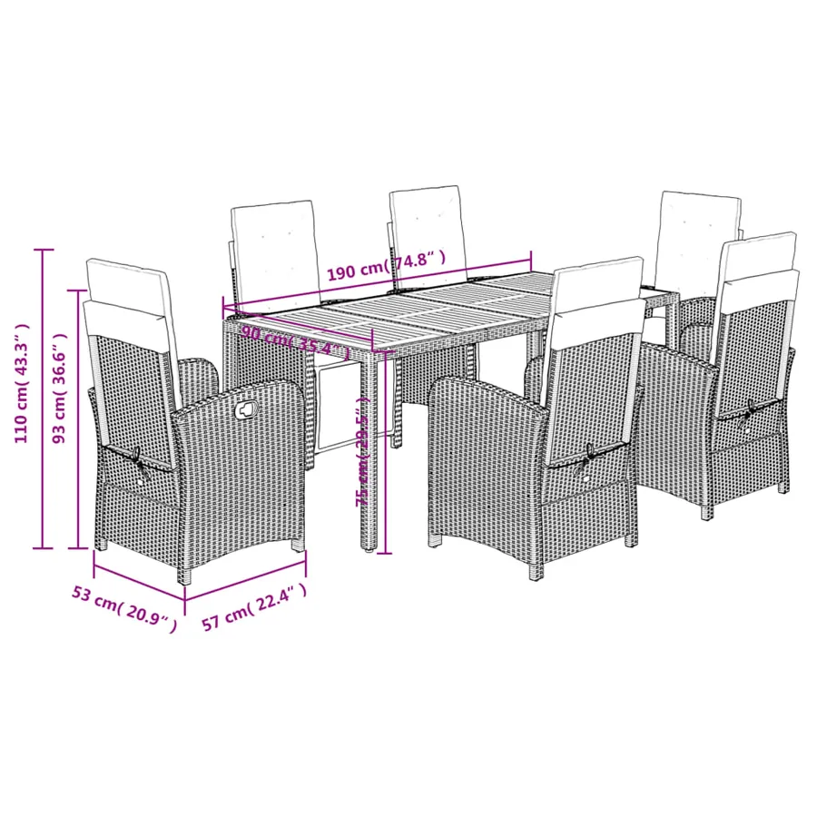 Ensemble à manger de jardin coussins 7pcs Noir Résine tressée - 9