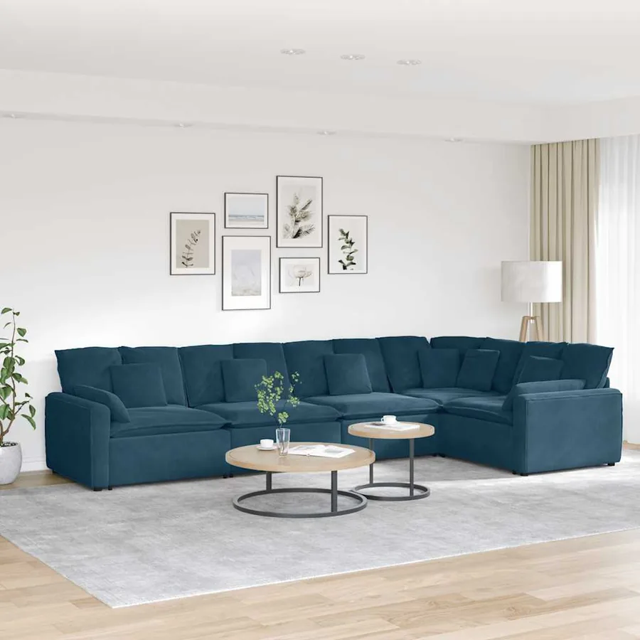 Canapé modulable avec coussins velours bleu