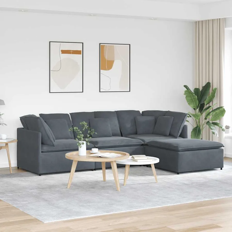 Canapé modulaire et repose-pieds et coussins velours gris foncé