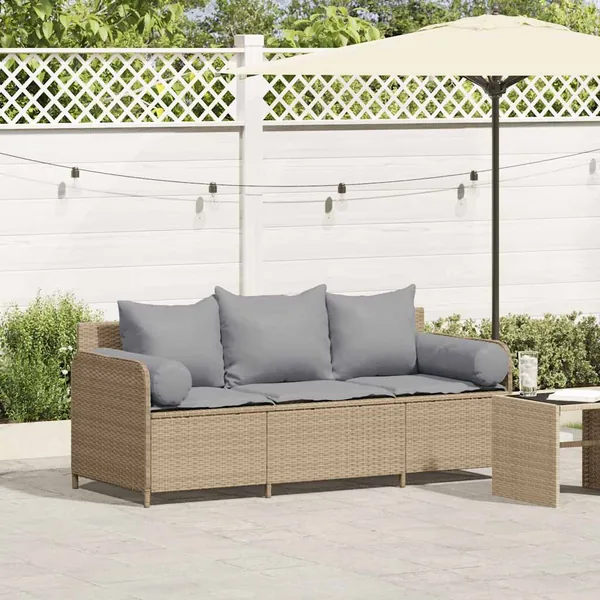 Canapé de jardin avec coussins 3 places beige résine tressée