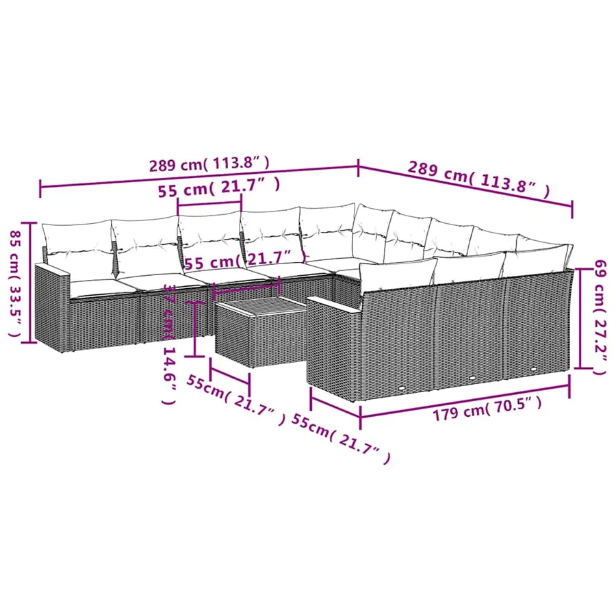 Ensemble de canapé de jardin 12 pcs avec coussins noir résine tressée - 7