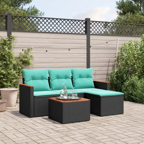 Ensemble de canapé de jardin 5 pcs avec coussins noir résine tressée