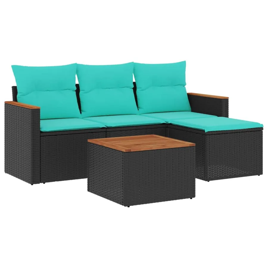 Ensemble de canapé de jardin 5 pcs avec coussins noir résine tressée - 2