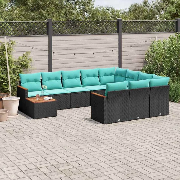 Ensemble de canapé de jardin 11 pcs avec coussins noir résine tressée
