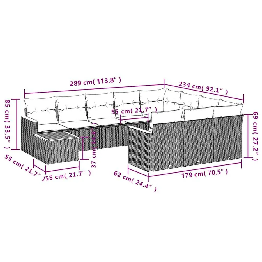 Ensemble de canapé de jardin 11 pcs avec coussins noir résine tressée - 8