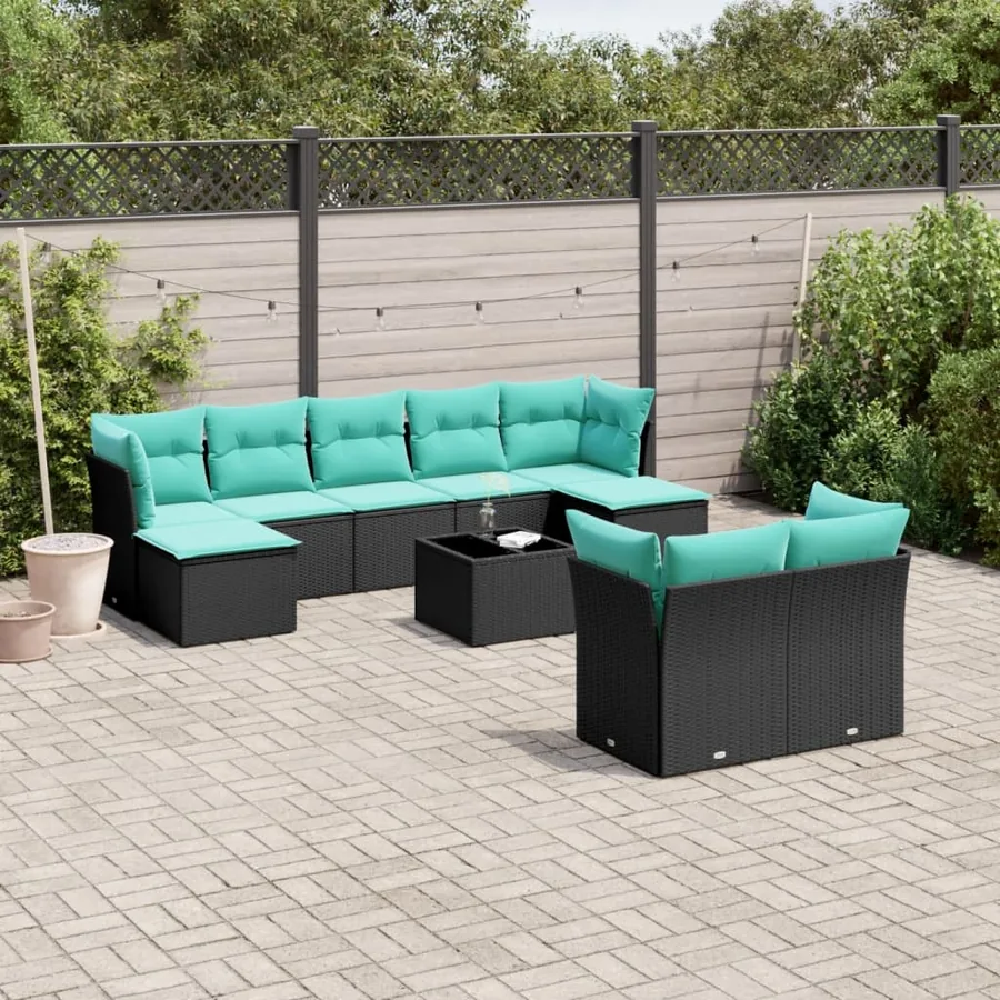 Ensemble de canapé de jardin 10 pcs avec coussins noir résine tressée