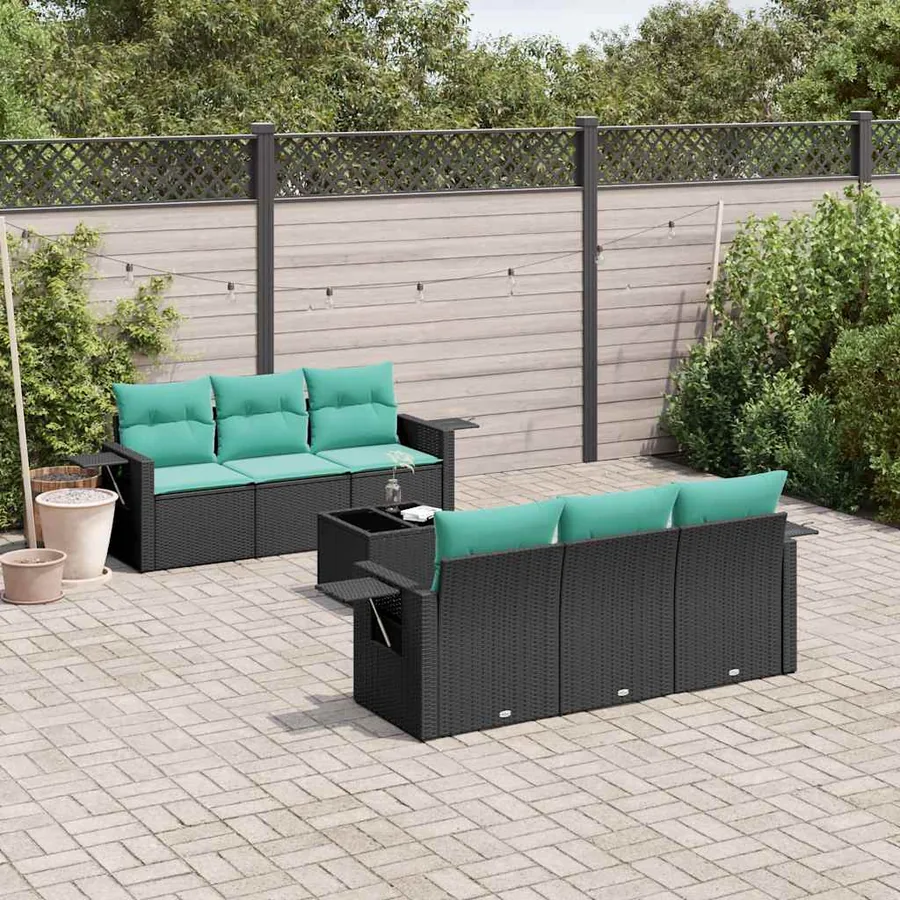 Ensemble de canapé de jardin 7 pcs avec coussins noir résine tressée