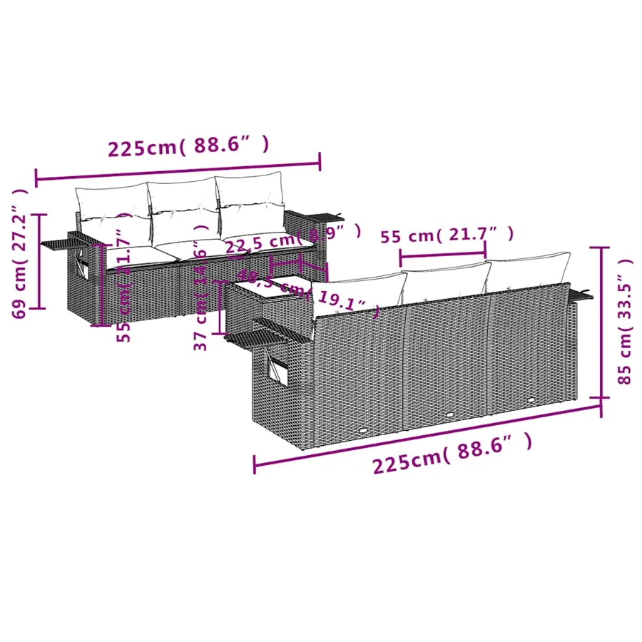 Ensemble de canapé de jardin 7 pcs avec coussins noir résine tressée - 8