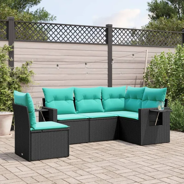 Salon de jardin 5 pcs avec coussins noir résine tressée