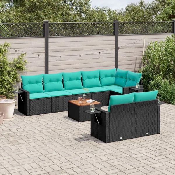 Ensemble de canapé de jardin 9 pcs avec coussins noir résine tressée