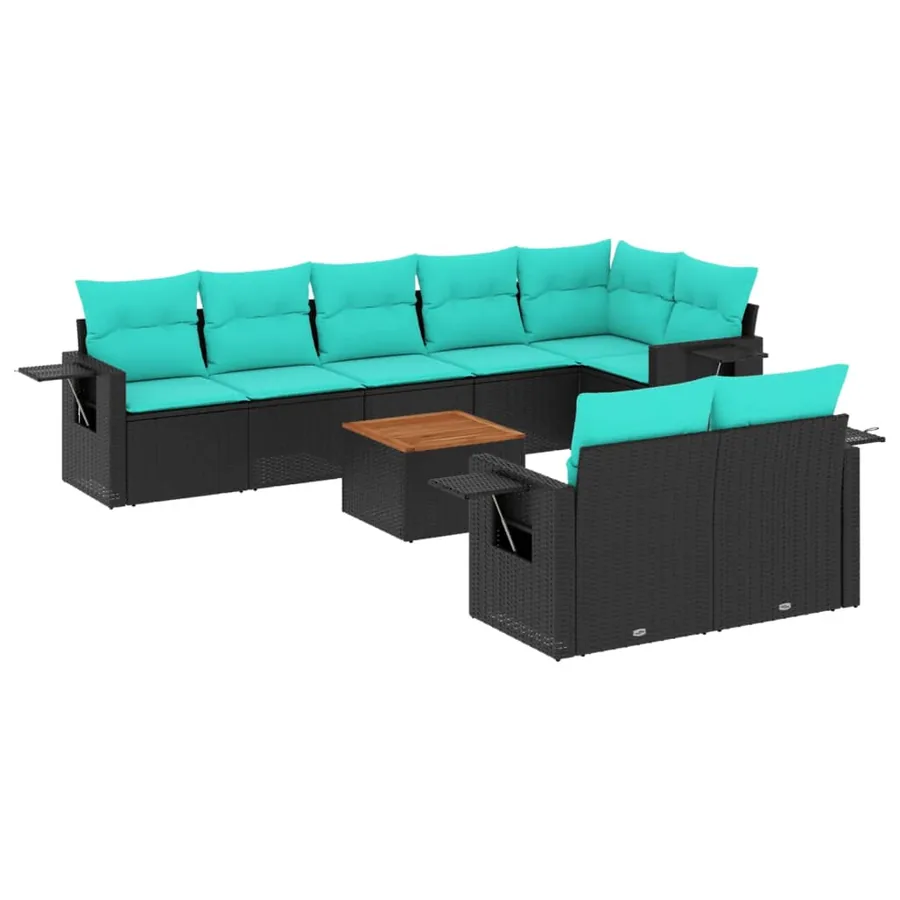 Ensemble de canapé de jardin 9 pcs avec coussins noir résine tressée - 2