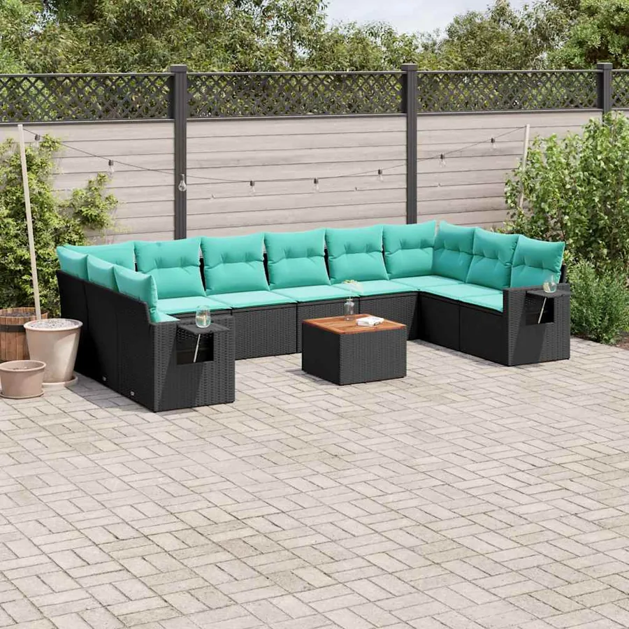 Ensemble de canapé de jardin 11 pcs avec coussins noir résine tressée