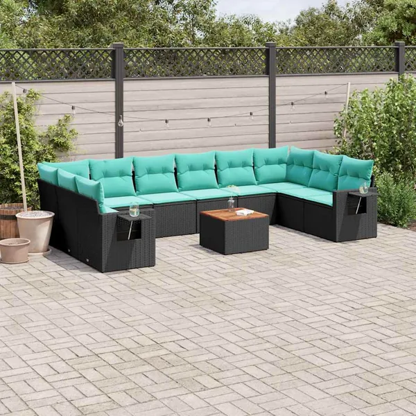 Ensemble de canapé de jardin 11 pcs avec coussins noir résine tressée