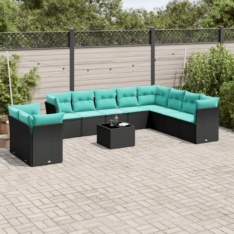 Ensemble de canapé de jardin 11 pcs avec coussins noir résine tressée