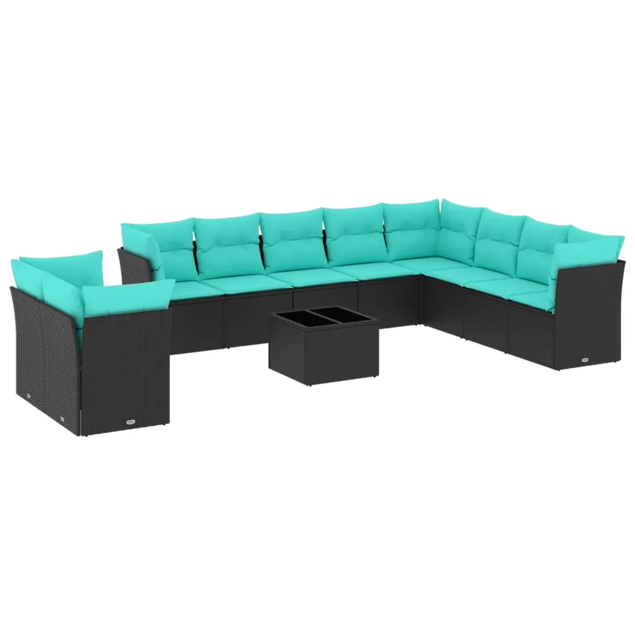 Ensemble de canapé de jardin 11 pcs avec coussins noir résine tressée - 2