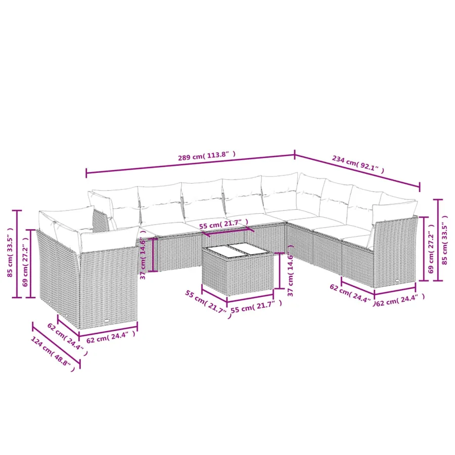 Ensemble de canapé de jardin 11 pcs avec coussins noir résine tressée - 7