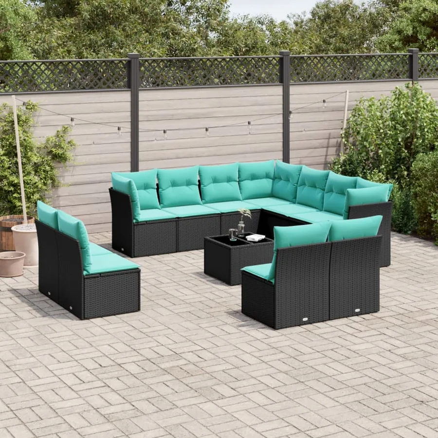 Ensemble de canapé de jardin 12 pcs avec coussins noir résine tressée