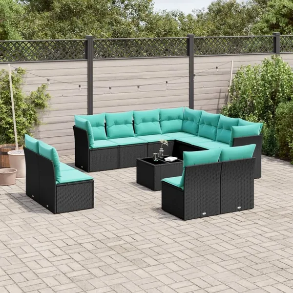 Ensemble de canapé de jardin 12 pcs avec coussins noir résine tressée