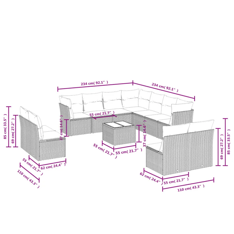 Ensemble de canapé de jardin 12 pcs avec coussins noir résine tressée - 7