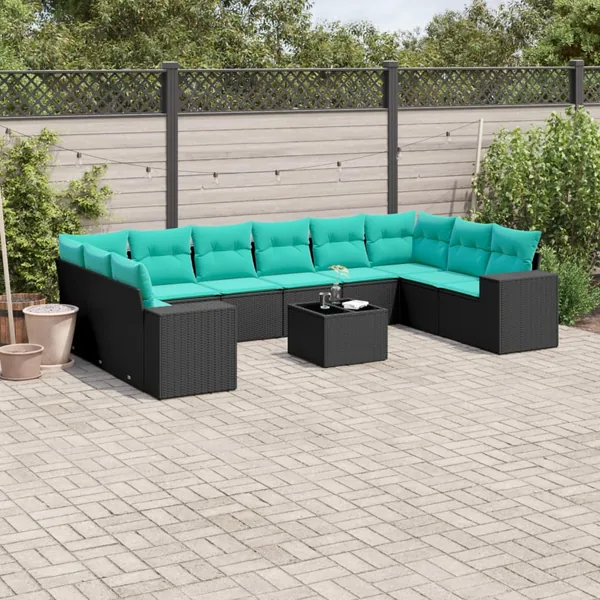 Ensemble de canapé de jardin 11 pcs avec coussins noir résine tressée