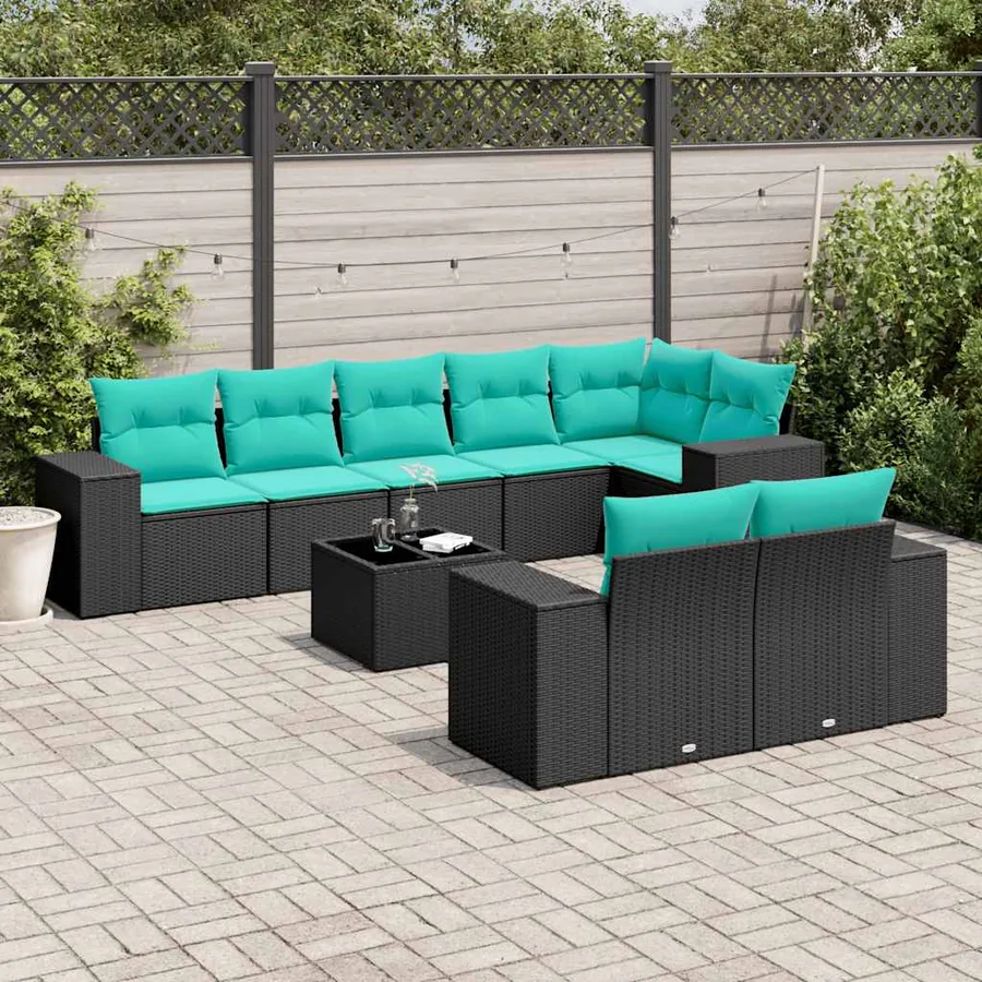 Ensemble de canapé de jardin 9 pcs avec coussins noir résine tressée