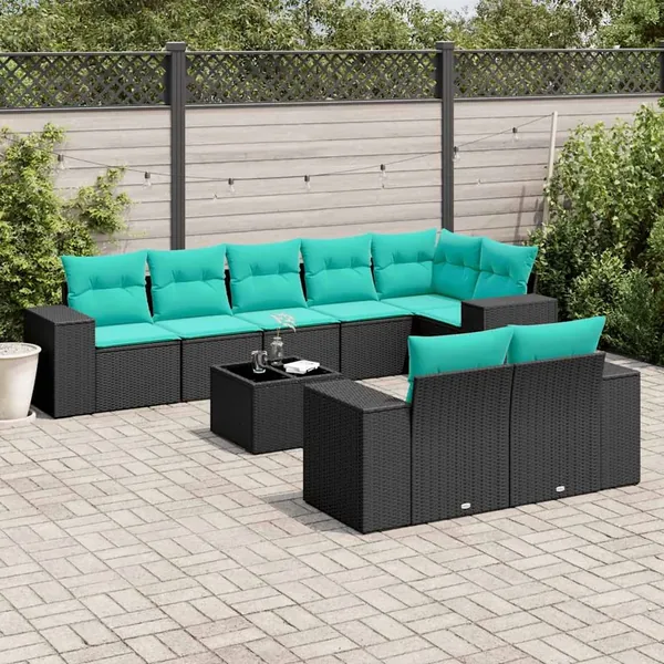 Ensemble de canapé de jardin 9 pcs avec coussins noir résine tressée