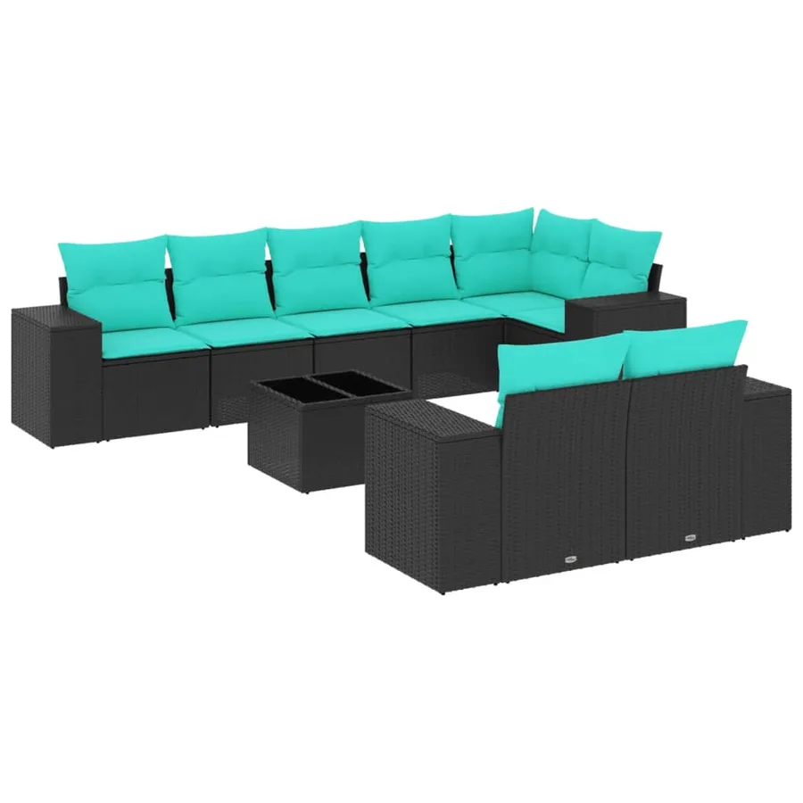 Ensemble de canapé de jardin 9 pcs avec coussins noir résine tressée - 2