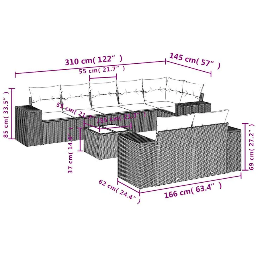 Ensemble de canapé de jardin 9 pcs avec coussins noir résine tressée - 8