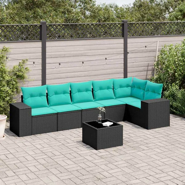 Ensemble de canapé de jardin 7 pcs avec coussins noir résine tressée