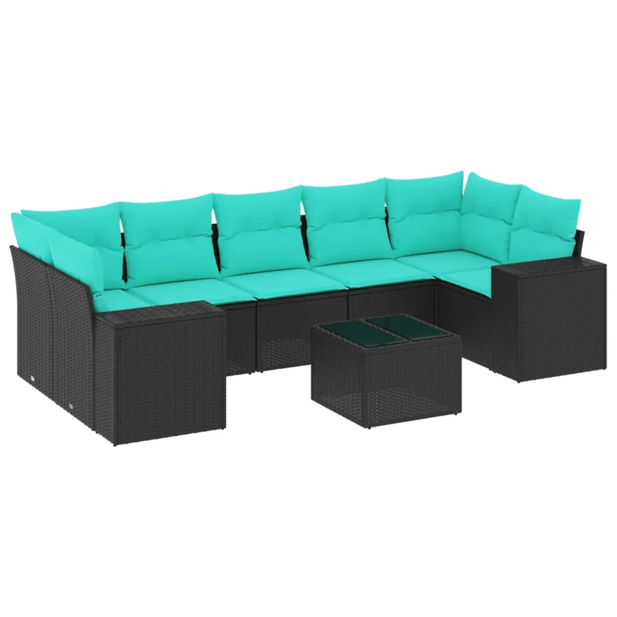 Ensemble de canapé de jardin 8 pcs avec coussins noir résine tressée - 2