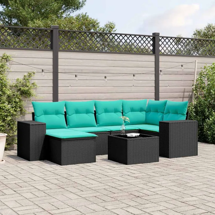 Ensemble de canapé de jardin 7 pcs avec coussins noir résine tressée