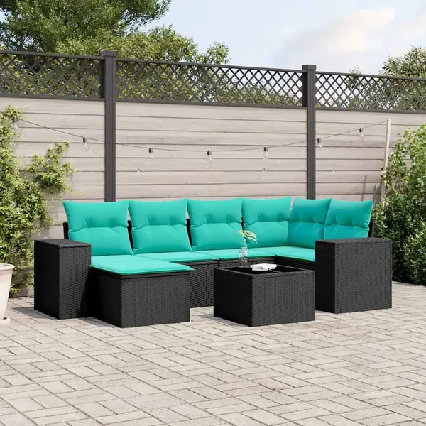 Ensemble de canapé de jardin 7 pcs avec coussins noir résine tressée