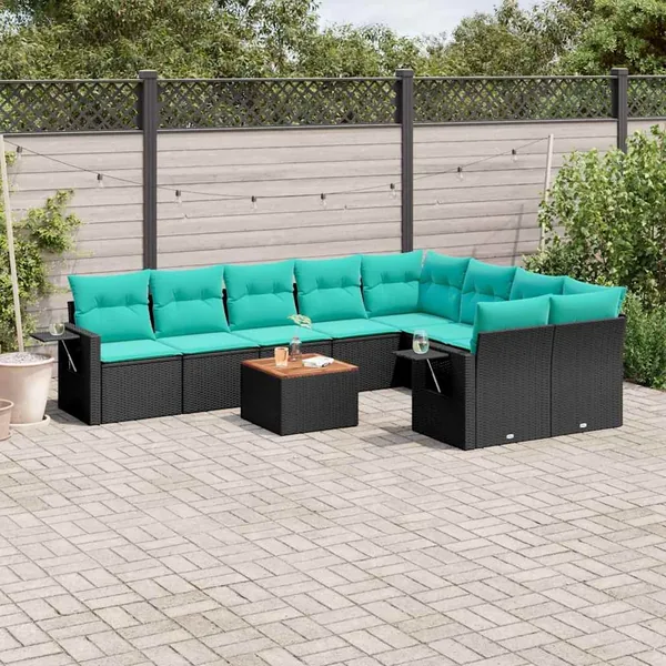 Ensemble de canapé de jardin 10 pcs avec coussins noir résine tressée