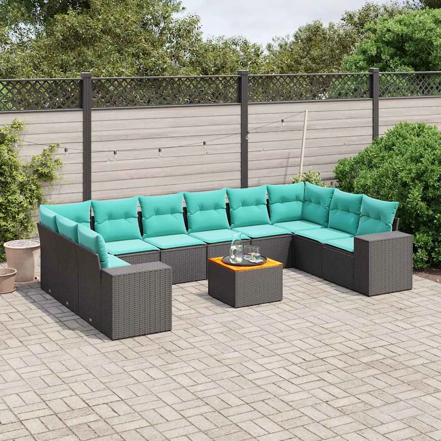 Ensemble de canapé de jardin 11 pcs avec coussins noir résine tressée