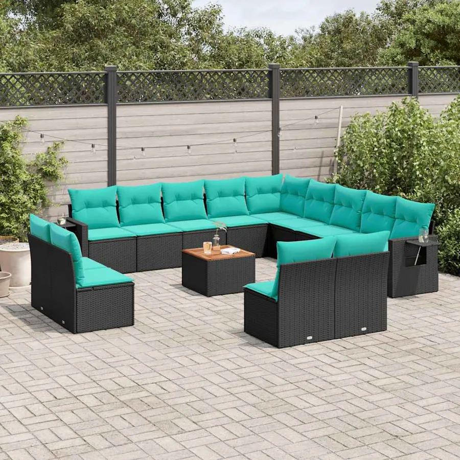 Ensemble de canapé de jardin 14 pcs avec coussins noir résine tressée
