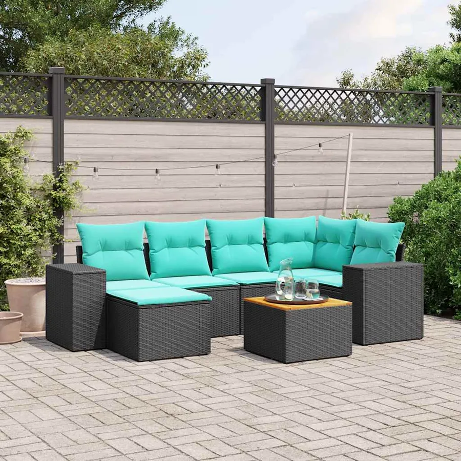 Ensemble de canapé de jardin 7 pcs avec coussins noir résine tressée