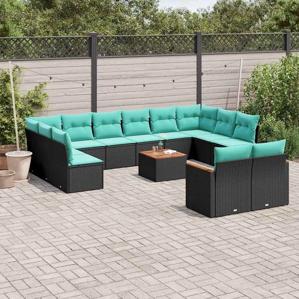 Ensemble de canapé de jardin 13 pcs avec coussins noir résine tressée