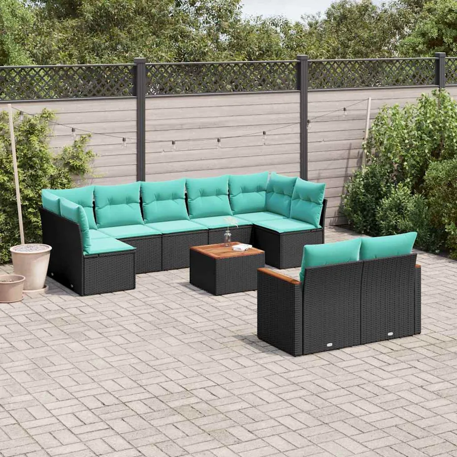 Ensemble de canapé de jardin 10 pcs avec coussins noir résine tressée