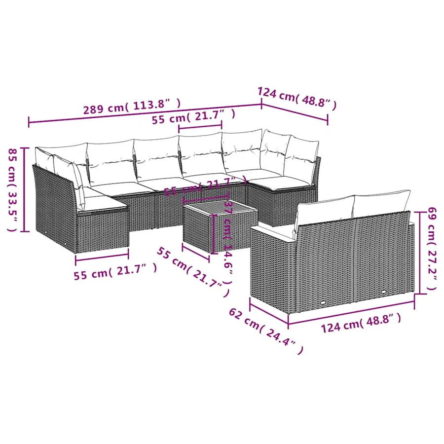 Ensemble de canapé de jardin 10 pcs avec coussins noir résine tressée - 8