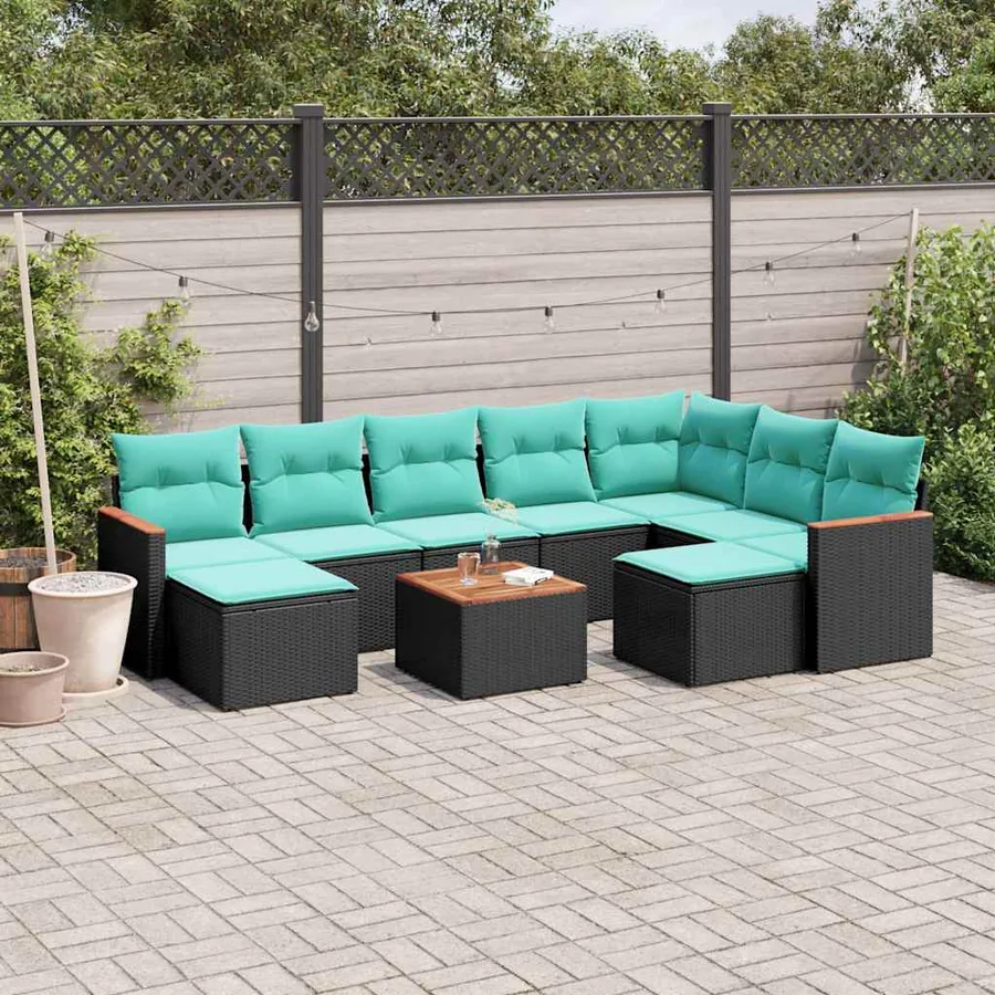 Ensemble de canapé de jardin 10 pcs avec coussins noir résine tressée