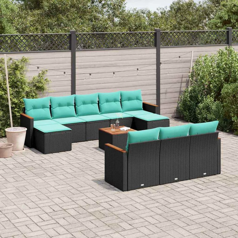 Ensemble de canapé de jardin 11 pcs avec coussins noir résine tressée