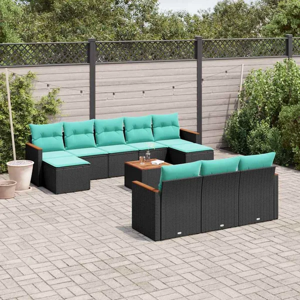 Ensemble de canapé de jardin 11 pcs avec coussins noir résine tressée