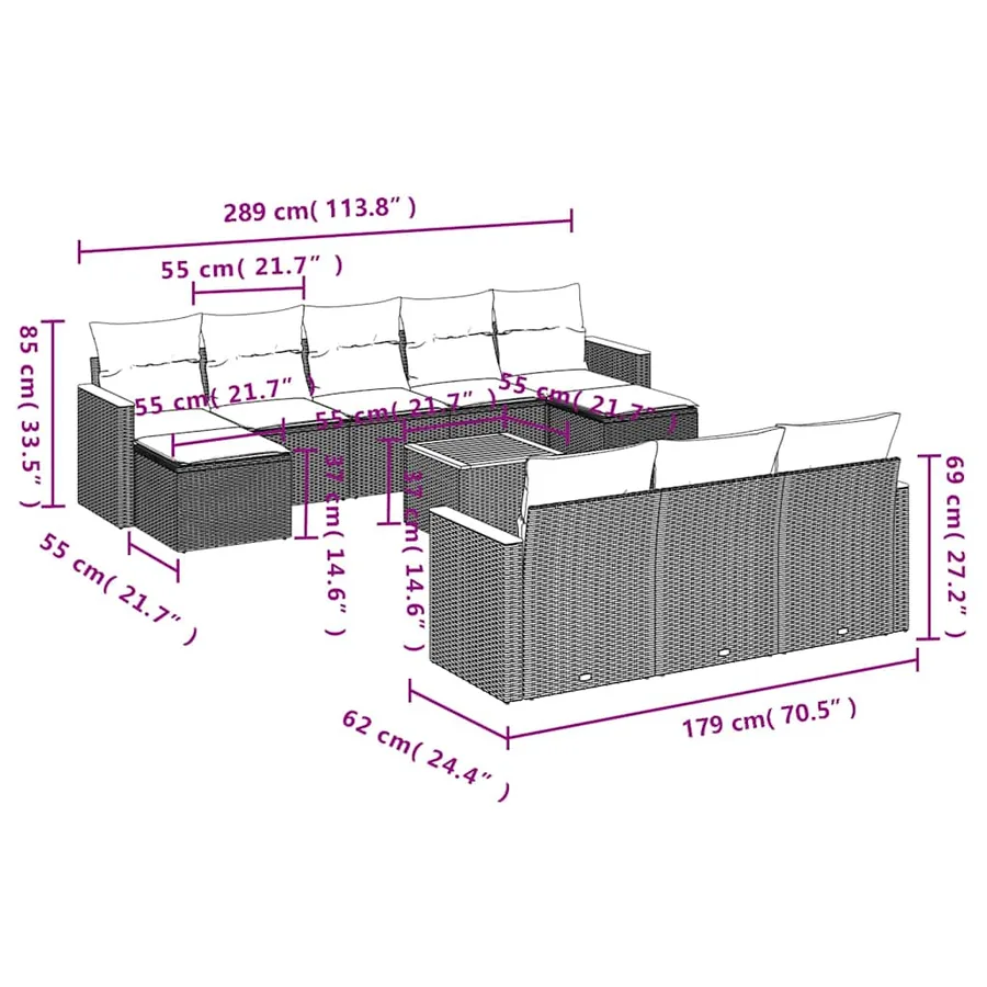Ensemble de canapé de jardin 11 pcs avec coussins noir résine tressée - 9
