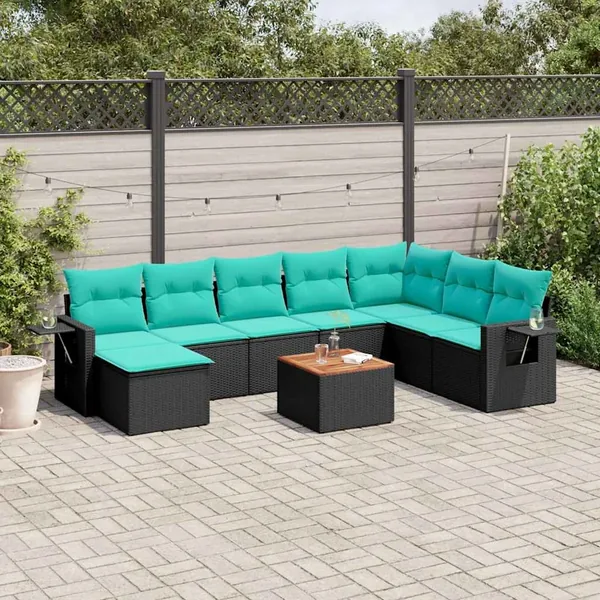 Ensemble de canapé de jardin 9 pcs avec coussins noir résine tressée