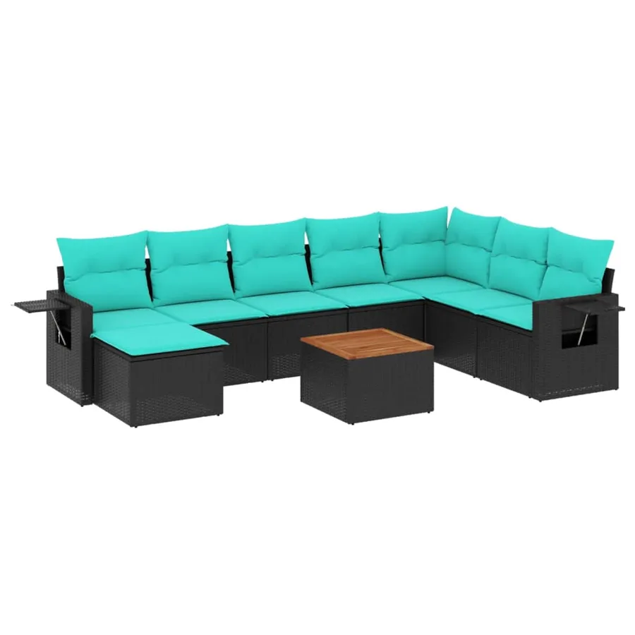 Ensemble de canapé de jardin 9 pcs avec coussins noir résine tressée - 2