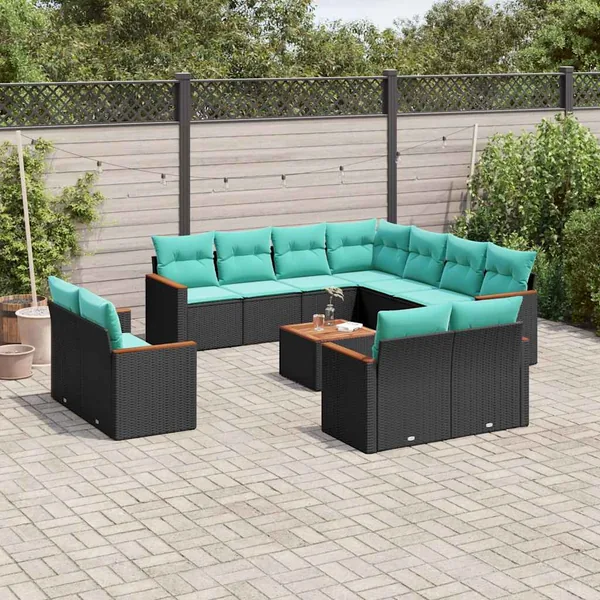 Ensemble de canapé de jardin 12 pcs avec coussins noir résine tressée